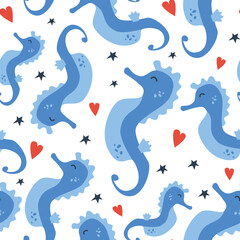Vector seamless pattern of handdrawn seahorse with hearts and stars on the white background. Concept for kids textile design © AlyceStrogaya