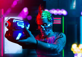 Crazy killer cyborg woman with mohawk hairstyle in spiked skull mask aiming at somebody with a...