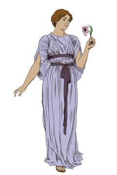 An Ancient Greek Girl In A Tunic With A Flower In Her Hand.