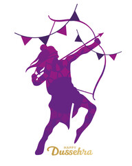 Happy dussehra and lord ram with bow and arrow purple silhouette vector design