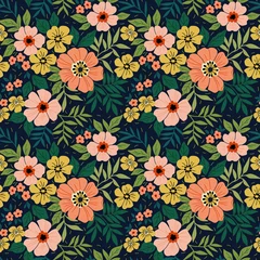 Meubelstickers Bloemenpatroon. Mooie bloemen op zwarte achtergrond. Bedrukking met kleine koraal en roze bloemen. Ditsy printje. Naadloze vectortextuur. Lente boeket. © ann_and_pen
