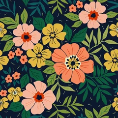 Badkamer foto achterwand Amazing seamless floral pattern with bright colorful flowers and leaves on a dark blue background. The elegant the template for fashion prints. Modern floral background. Trendy style. © ann_and_pen