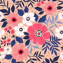 Beautiful floral pattern in small abstract flower. Small pink and white flowers. Coral background. Ditsy print. Floral seamless background. The elegant the template for fashion prints. © ann_and_pen