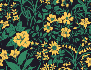 Vector floral seamless pattern. Pretty pattern in small yellow flowers. Black background. Liberty style. The elegant the template for fashion prints.