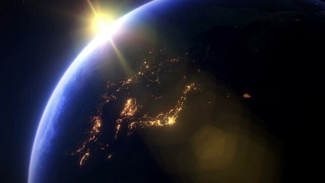 Sunset Over Asia. The Earth Seen From Space. Asian City Lights. 3D Animation.