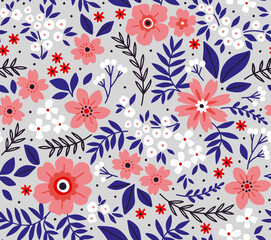 Fototapeta premium Vintage floral background. Seamless vector pattern for design and fashion prints. Flowers pattern with small pink and white flowers on a light gray background. Ditsy style.