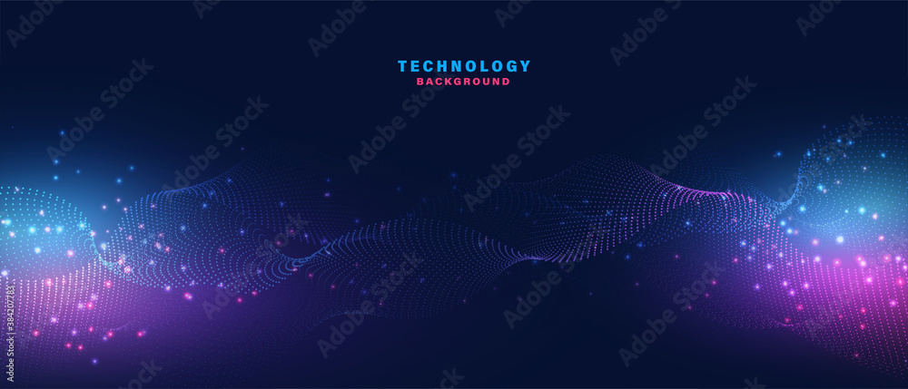 Wall mural abstract technology background with flowing particles. dynamic waves. vector illustration.