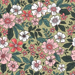 Fotobehang Vintage floral background. Seamless vector pattern for design and fashion prints. Flowers pattern with small pink and red flowers on a light green background. Ditsy style. © ann_and_pen