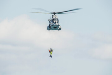 Barcelona, Spain; August 6, 2018: Helicopter of spanish Army in rescue mission. Aerospatiale SA 330 Puma