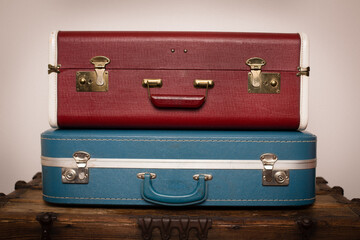 Retro Suitcases on Old Wooden Trunk, Vintage Travel Journey