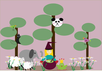Animal forest with a witch. Halloween concept and child illustration