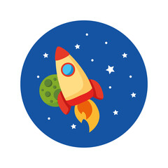rocket launcher spaceship and planet universe scene flat style icon