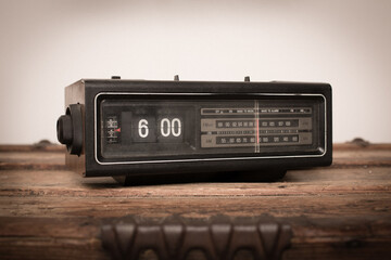 Vintage Flip Clock Radio Sitting on Old Wooden Trunk, Media Broadcast, Audio Music