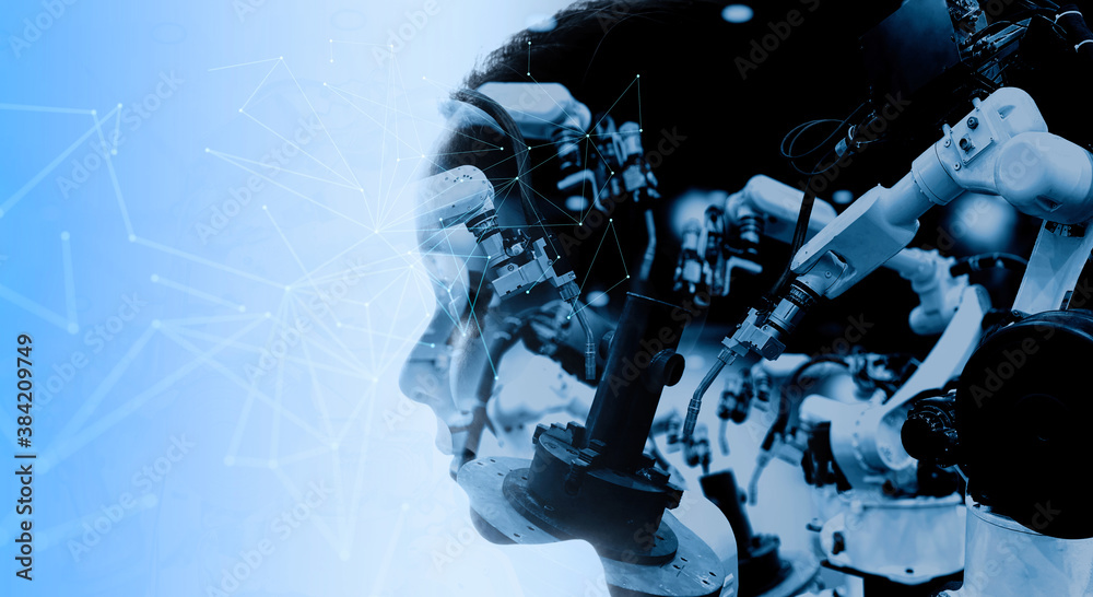 Poster Double explosure of Factory Female Industrial manager Engineer looking at automation robot arms machine in factory industrial on real time monitoring system software.