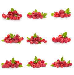 Raspberries collection with leaf isolated on white background