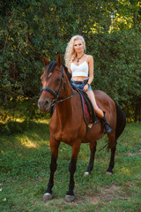 Beautiful blonde woman sitting on a horse in the Park
