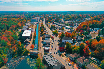 Aerial Drone Photography Of Downtown Somersworth, NH (New Hampshire) During The Fall Foliage Season