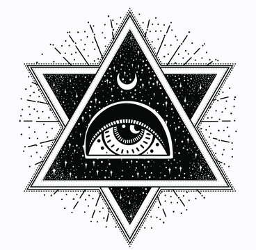 All-seeing eye is on the crossing of two traingles with starnight sky in each. New World Order.Freemason and spiritual, religion, spirituality, alchemy, occultism, tattoo art. Vector illustration.