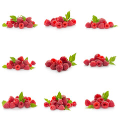 Raspberries collection with leaf isolated on white background