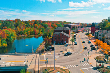 Aerial Drone Photography Of Downtown Somersworth, NH (New Hampshire) During The Fall Foliage Season