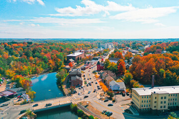 Obraz premium Aerial Drone Photography Of Downtown Somersworth, NH (New Hampshire) During The Fall Foliage Season