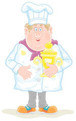 Happily smiling fat cook in a white hat and uniform for cooking, standing and holding a golden cup of a winner of a competition, vector cartoon illustration on a white background