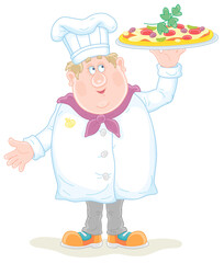 Smiling fat cook in a white hat and uniform for cooking, standing and holding a round dish with a freshly baked tasty pizza with cheese, tomatoes and olives, vector cartoon illustration