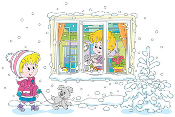 Cheerful little girl walking with a grey puppy on a snowy winter day, a little boy playing with a small kitten and looking through a window of his room, vector cartoon illustration