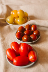 Different kind of organic tomatoes in a bowl. 