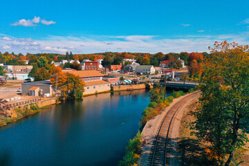 Fototapeta na wymiar Aerial Drone Photography Of Downtown South Berwick, ME (Maine) During The Fall Foliage Season