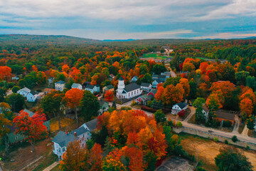 Aerial Drone Photography Of Downtown Farmington, NH (New Hampshire) During The Fall Foliage Season