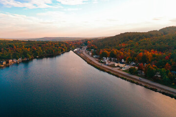 Fototapeta premium Aerial Drone Photography Of Downtown Milton, NH (New Hampshire) During The Fall Foliage Season