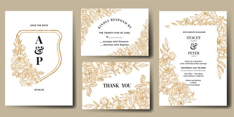 wedding invitation set with line art flower gold