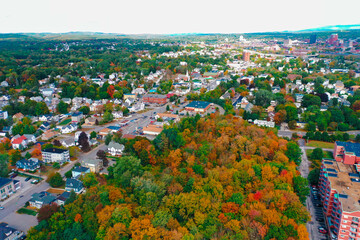 Aerial Drone Photography Of Downtown Bedford, NH (New Hampshire) During The Fall Foliage Season
