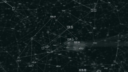 Fly Through Data Network with random numbers connected by lines. Looped 4k illustration