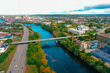 Aerial Drone Photography Of Downtown Manchester, NH (New Hampshire) During The Fall Foliage Season - obrazy, fototapety, plakaty