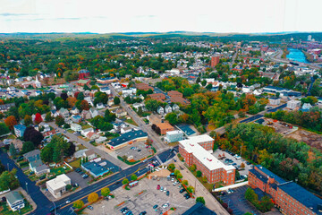 Aerial Drone Photography Of Downtown Bedford, NH (New Hampshire) During The Fall Foliage Season