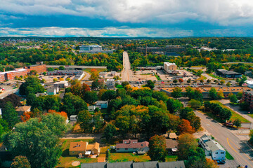 Fototapeta premium Aerial Drone Photography Of Downtown Bedford, NH (New Hampshire) During The Fall Foliage Season
