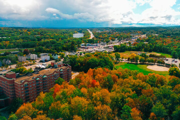 Aerial Drone Photography Of Downtown Bedford, NH (New Hampshire) During The Fall Foliage Season