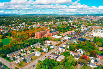 Fototapeta na wymiar Aerial Drone Photography Of Downtown Bedford, NH (New Hampshire) During The Fall Foliage Season