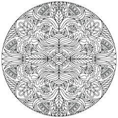 drawn mandala with flowers and ornaments in folk style on a white background, vector, for coloring