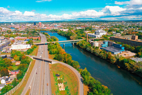 Aerial Drone Photography Of Downtown Manchester, NH (New Hampshire) During The Fall Foliage Season