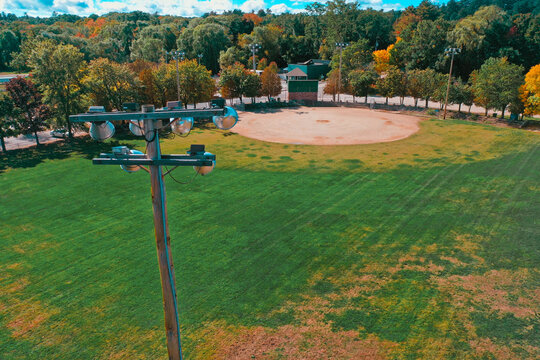 Aerial Drone Photography Of A Baseball Field In Downtown Bedford, NH (New Hampshire) During The Fall Foliage Season