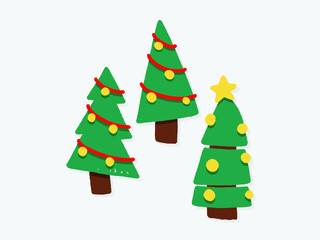 Christmas trees icon set isolated on white background. Cute Christmas trees with toys and snow. New year decorations. Vector ilustration.