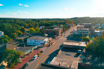 Obraz premium Autumn Aerial Drone Photography Of Downtown Derry, NH (New Hampshire) During The Fall Foliage Season