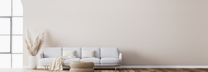 Scandinavian living room design with rattan table, pampas and white sofa on beige background. Simple interior design, panorama, 3d render  © lilasgh
