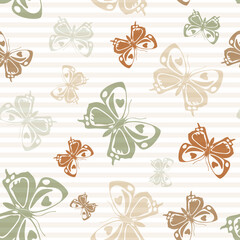 Obraz premium Flying butterfly silhouettes over striped background vector seamless pattern.