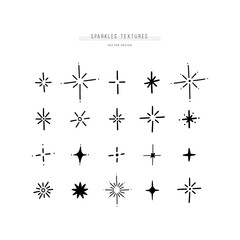 Set of 20 different stars and sparkles, sunbursts, comets. Bundle of various shining textures and decorations. Vector hand drawn elements. 