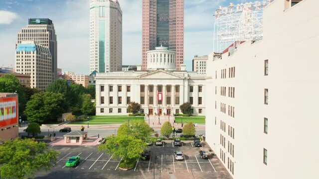 Aerial view of the Ohio State House, in Columbus with frontal camera approach . The Ohio Statehouse is the state capitol building and seat of government for the U.S. state of Ohio