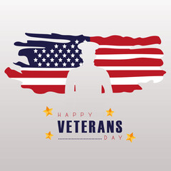 happy veterans day lettering with usa flag painted and officer silhouette